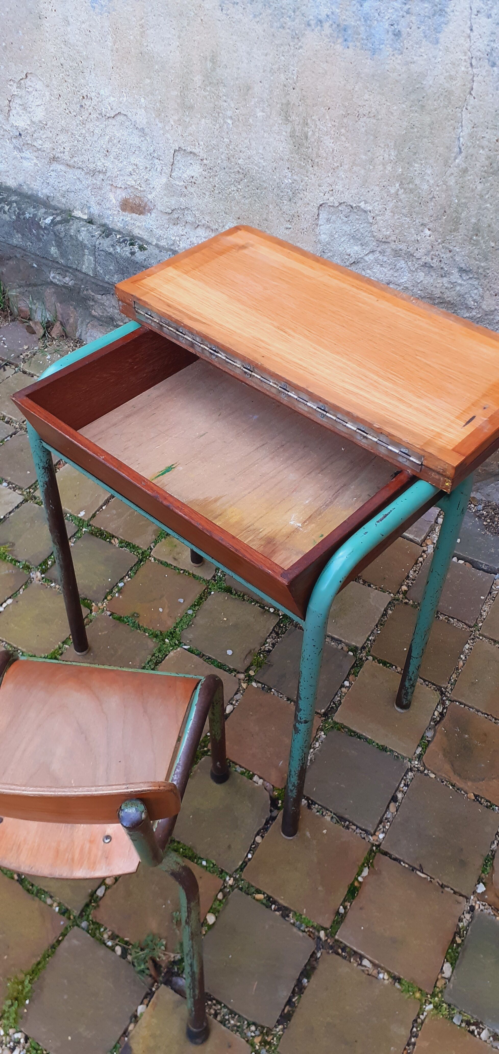 Vintage teak and solid oak schoolwork and its 50 year chair