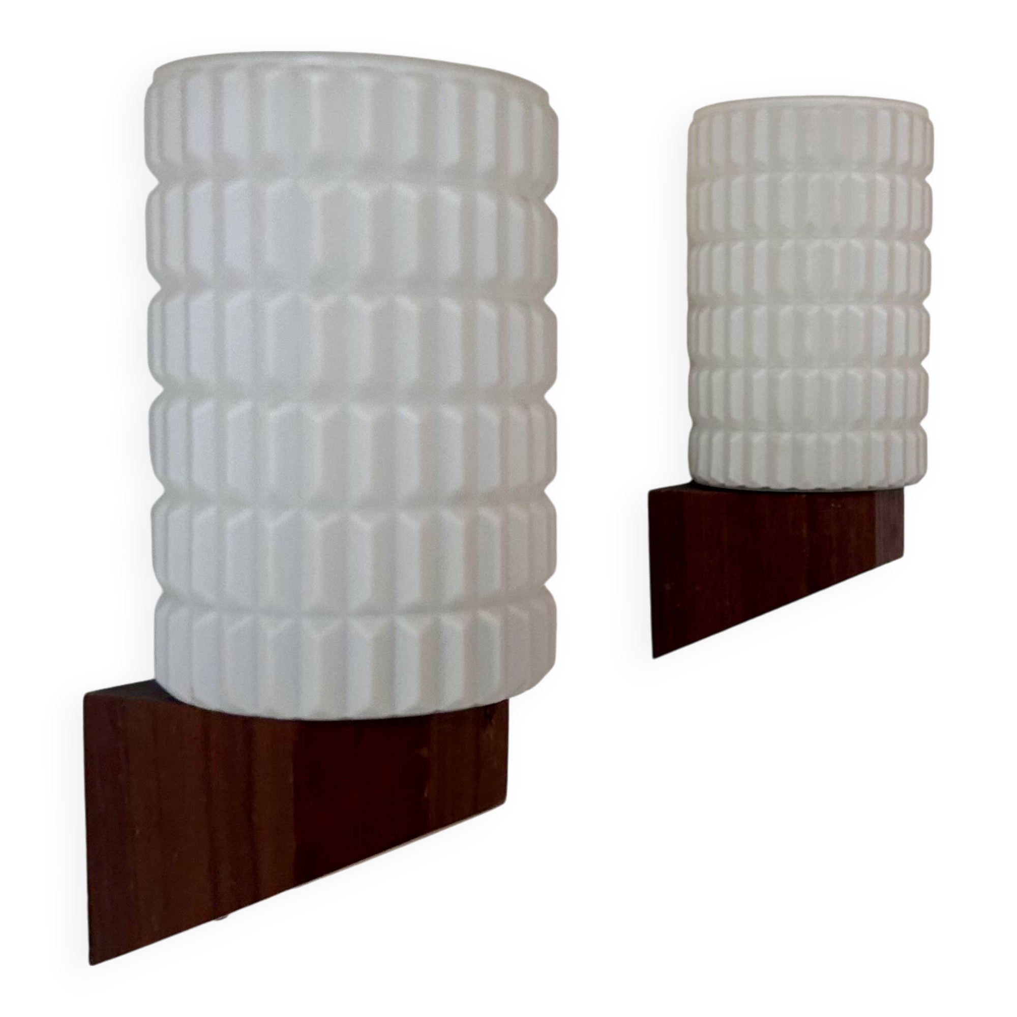 Pair of vintage wall lights, teak and opaline, Philips Netherlands 1950