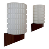 Pair of vintage wall lights, teak and opaline, Philips Netherlands 1950