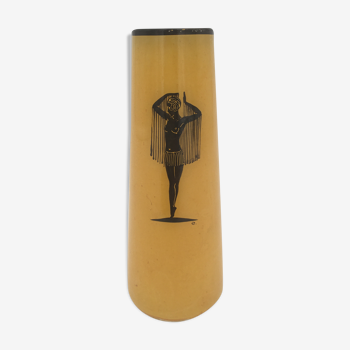 Art deco glass vase, yellow decorated with a dancer 1920s-1930s