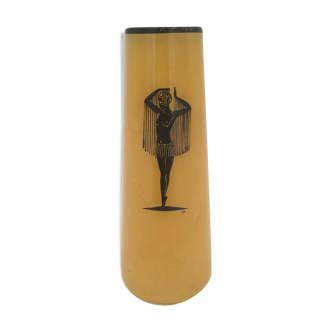 Art deco glass vase, yellow decorated with a dancer 1920s-1930s