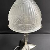 Art Deco table lamp – Chromed metal and molded pressed glass – Attributed to Création Tief
