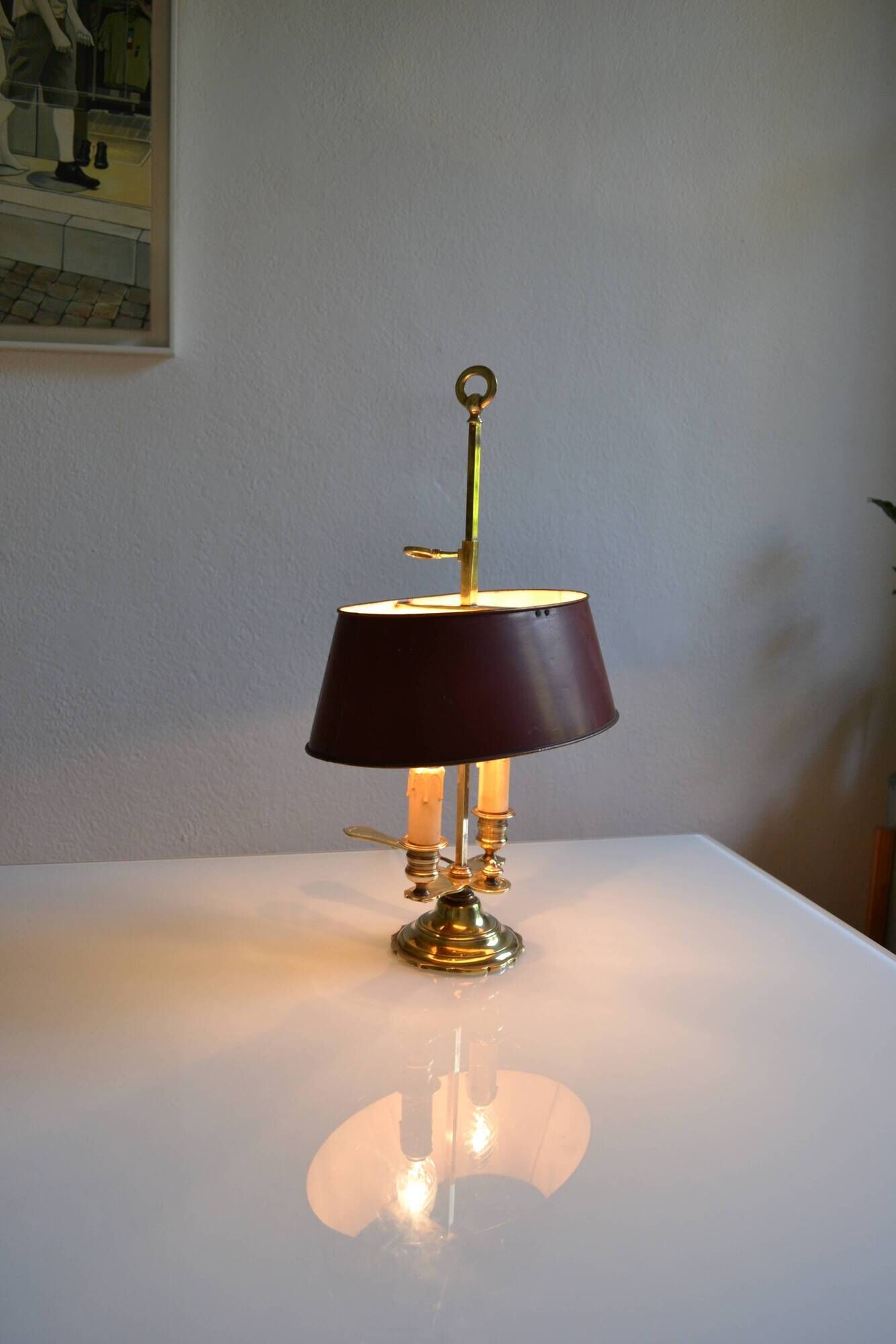 hot water bottle lamp with 2 bronze lights and burgundy sheet metal lampshade