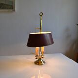 hot water bottle lamp with 2 bronze lights and burgundy sheet metal lampshade
