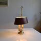 hot water bottle lamp with 2 bronze lights and burgundy sheet metal lampshade