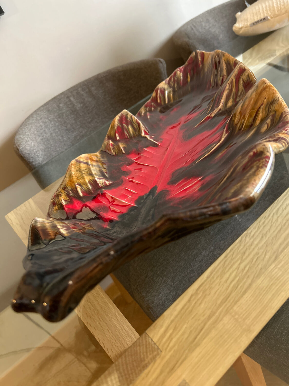 Large ceramic slipware leaf platter