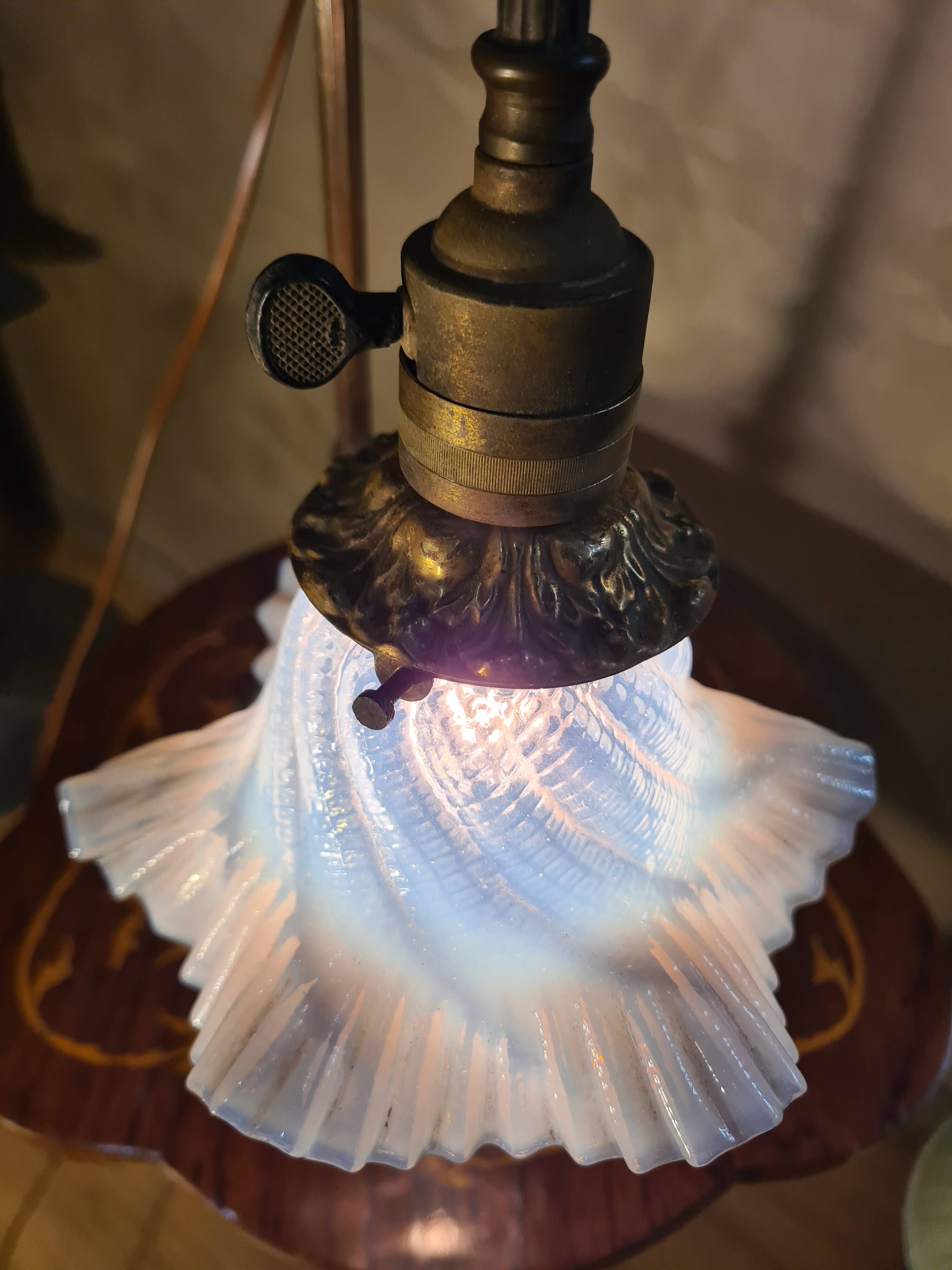 antique Art Nouveau lamp from 1890 to 1910 with blue opalescent lace glass