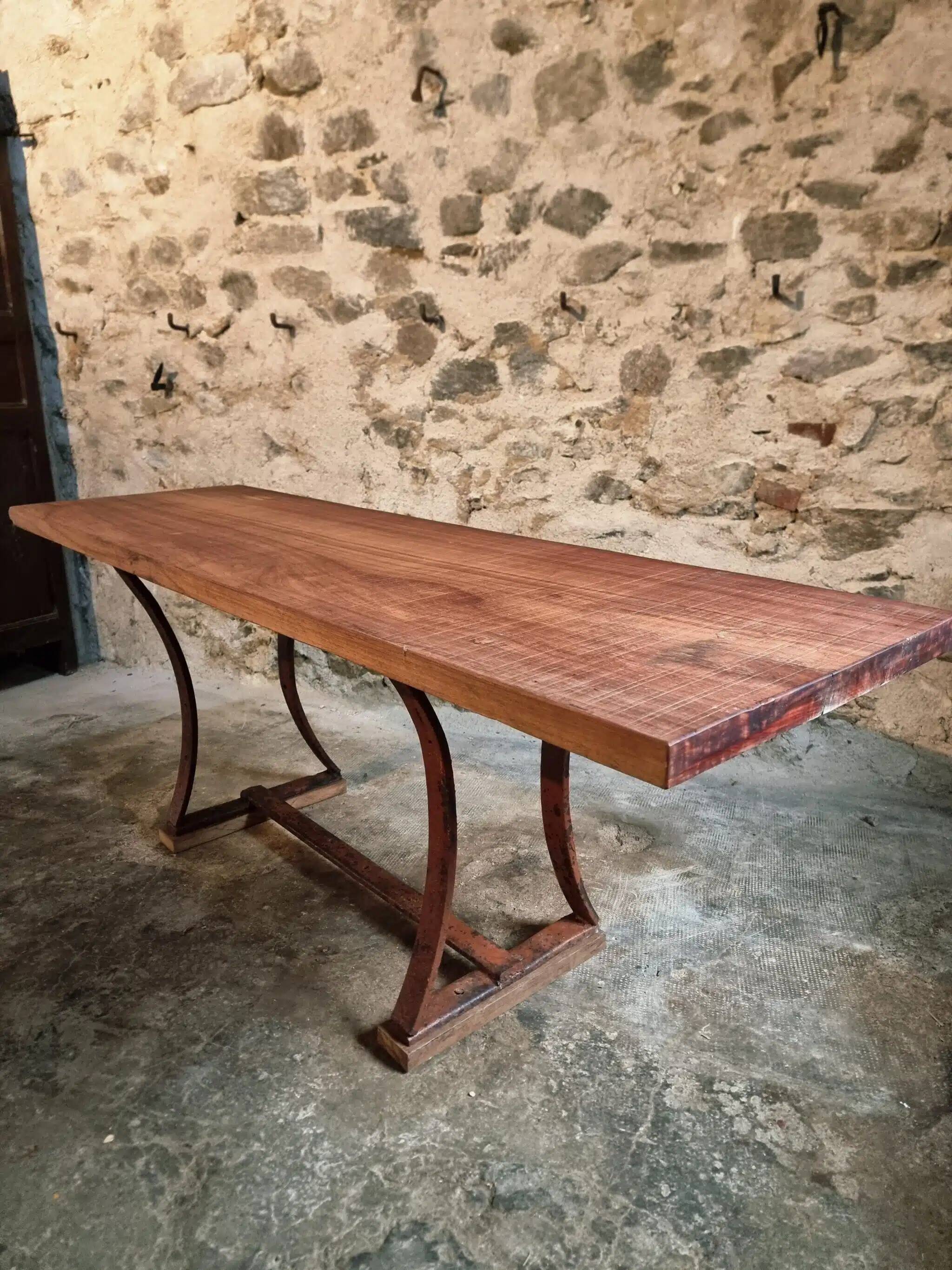 Vintage industrial table – Iron base and solid wood top (201 cm)