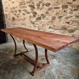 Vintage industrial table – Iron base and solid wood top (201 cm)