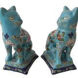 Pair Of Longwy Cross Of Lorraine Cat And Kittens Bookends Multicolored