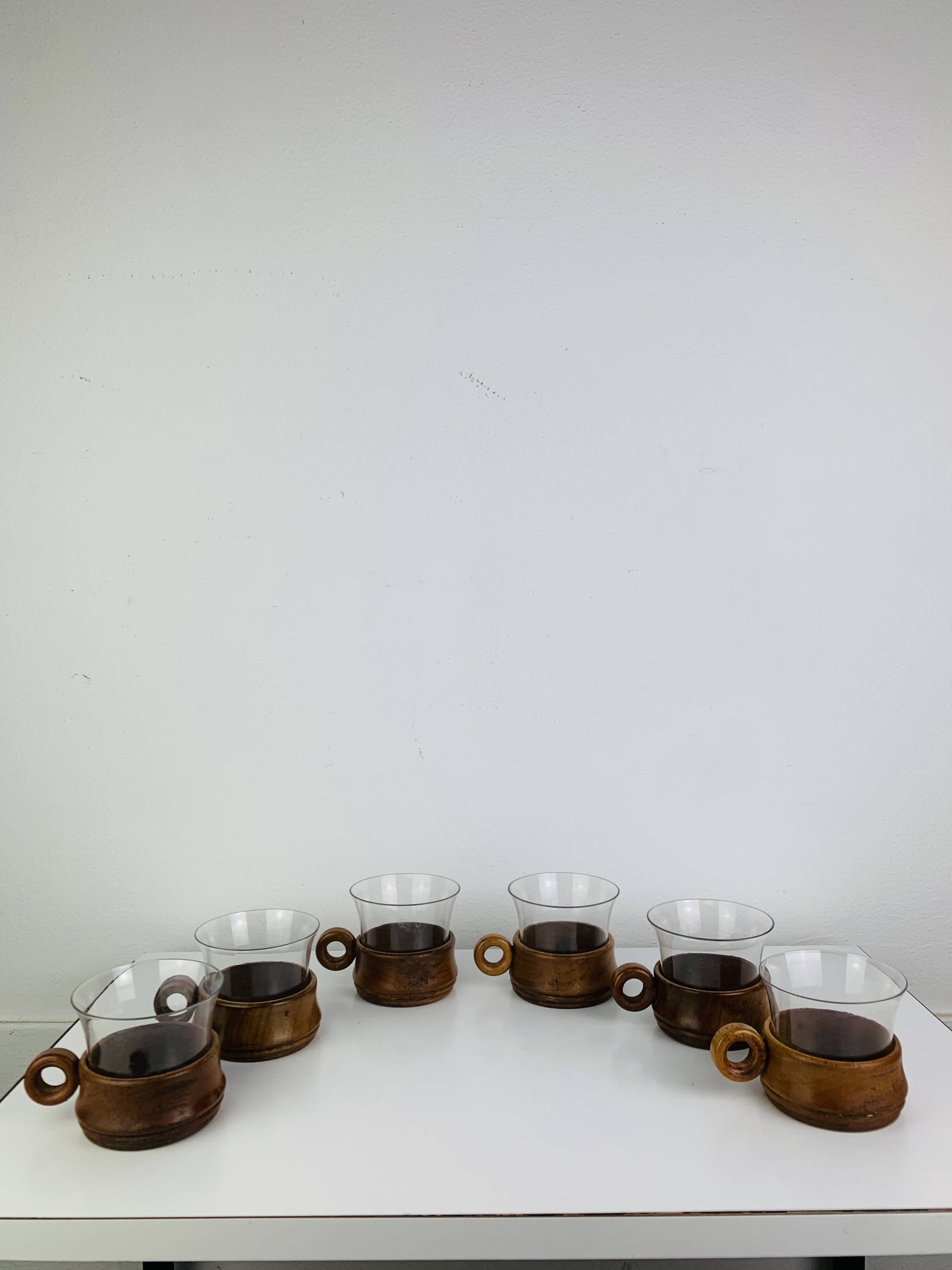 6 glass and teak cups in Scandinavian style, 1960s