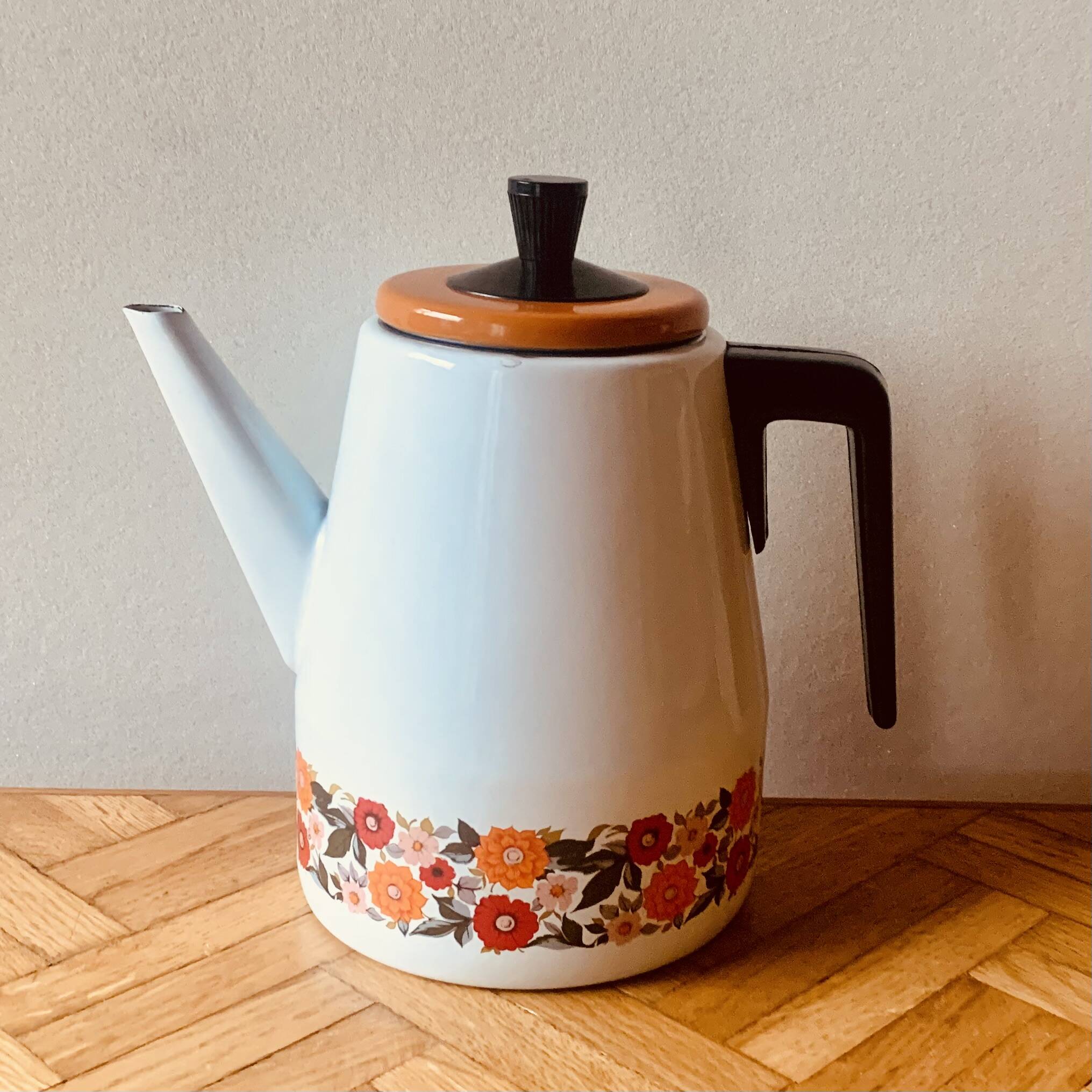 Vintage enameled metal coffee maker - floral decor