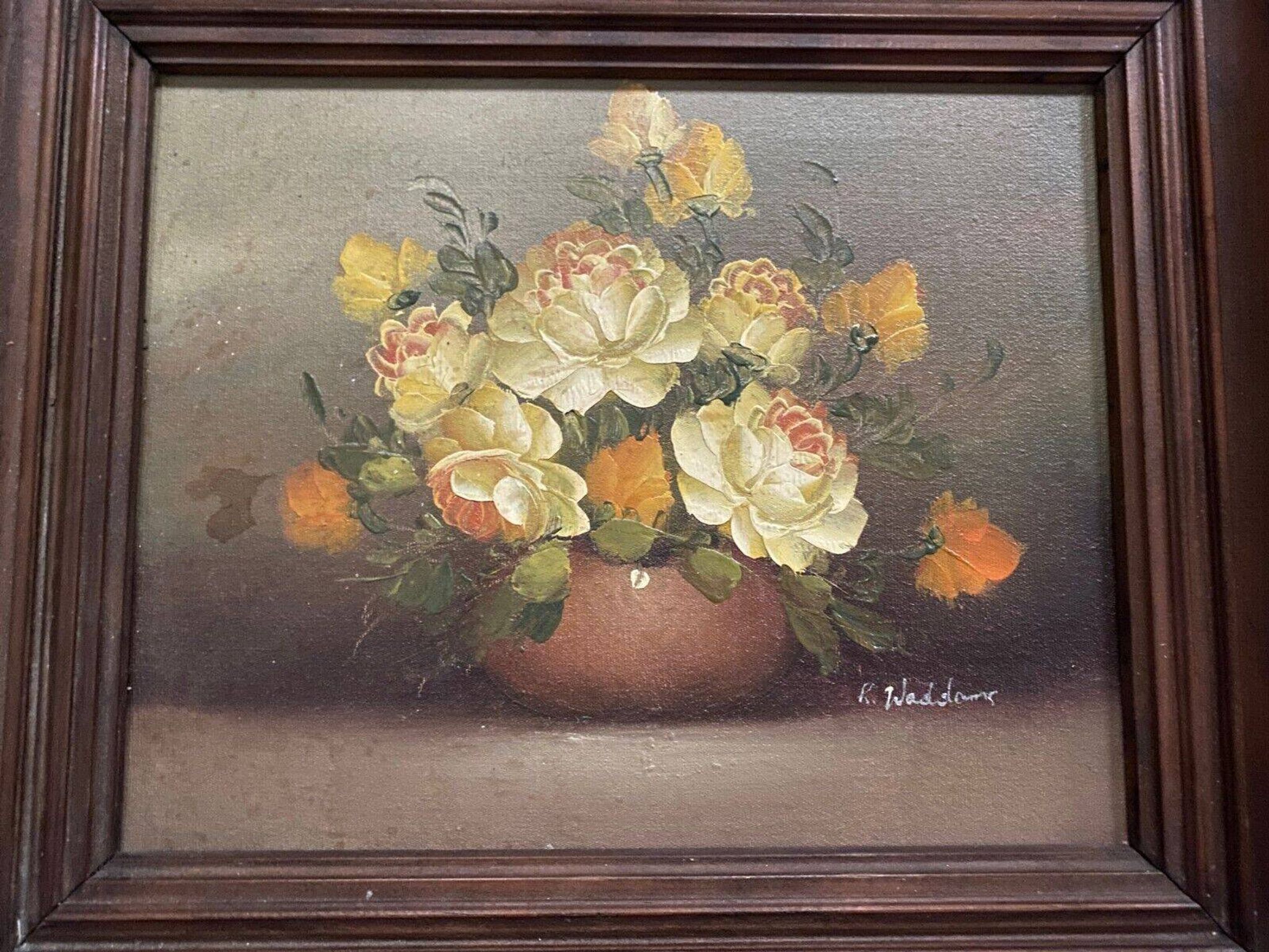 Oil on canvas still life by R. Waddoms 20th bouquet of flowers