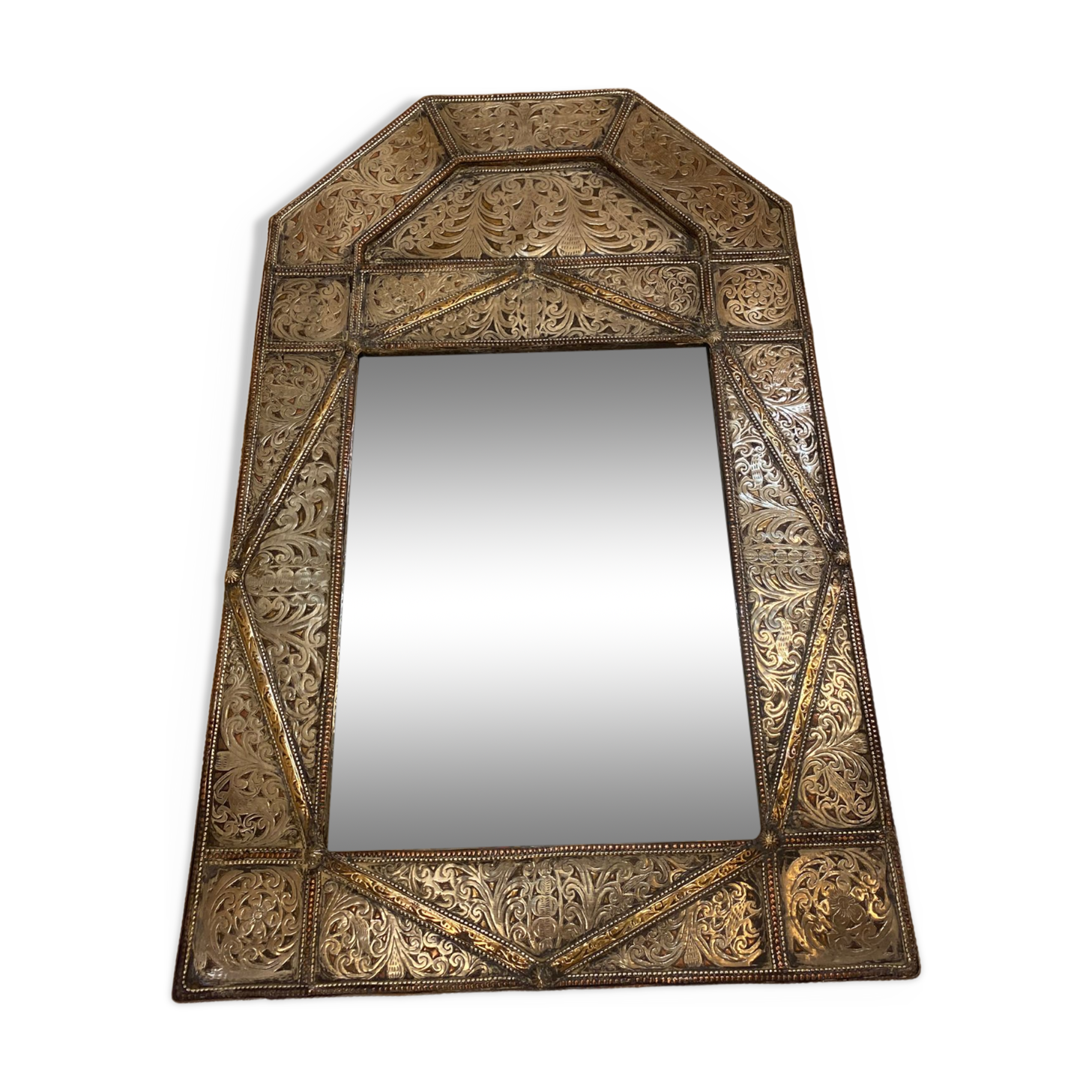 Mirror in silver metal and brass