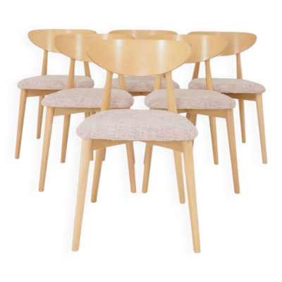 Ensemble de 6 chaises de salle à manger en tissu rose doux, design scandinave, bois naturel.