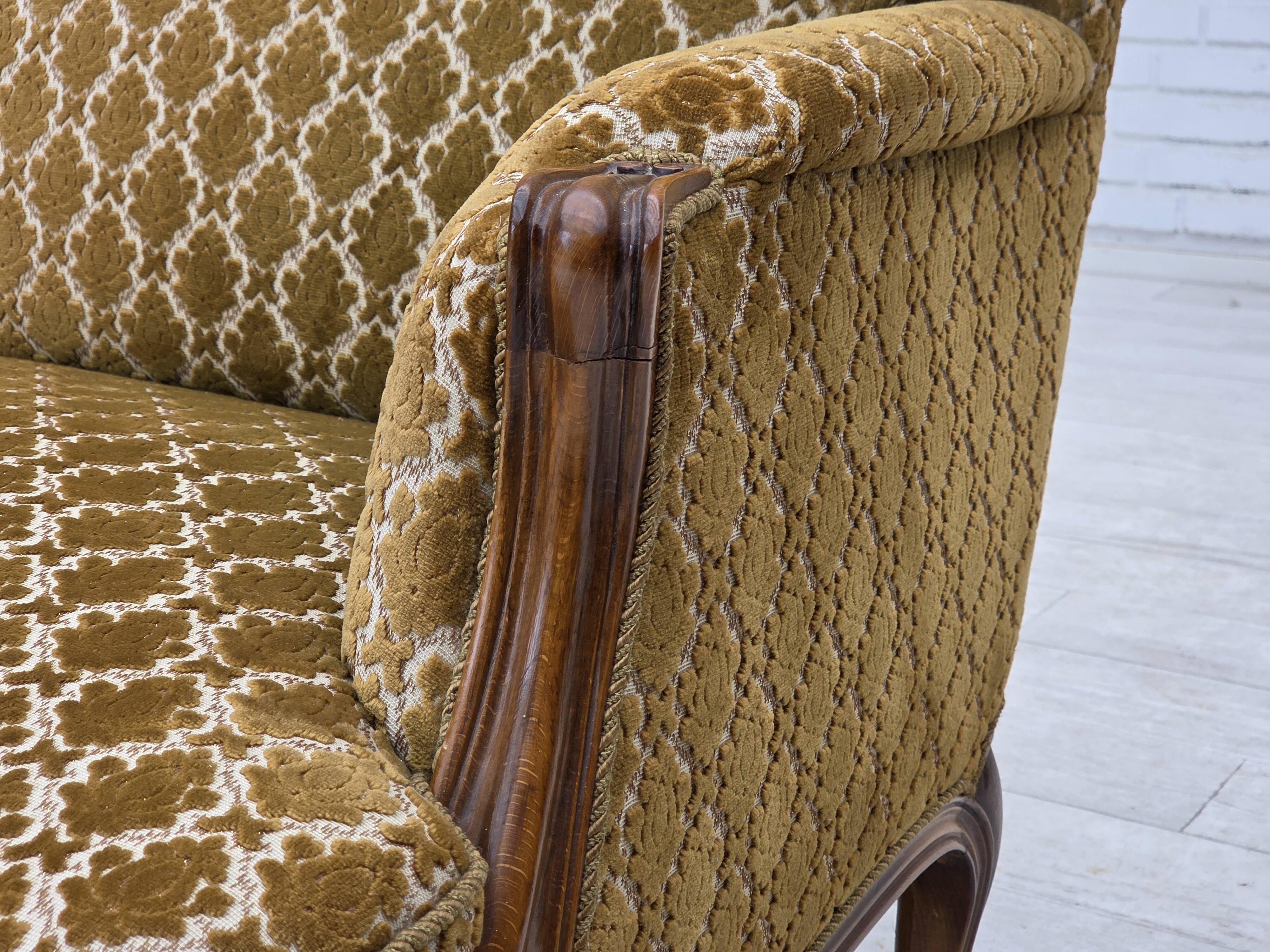 1950s, Danish 3-seater sofa, furniture velour, carved ash wood.