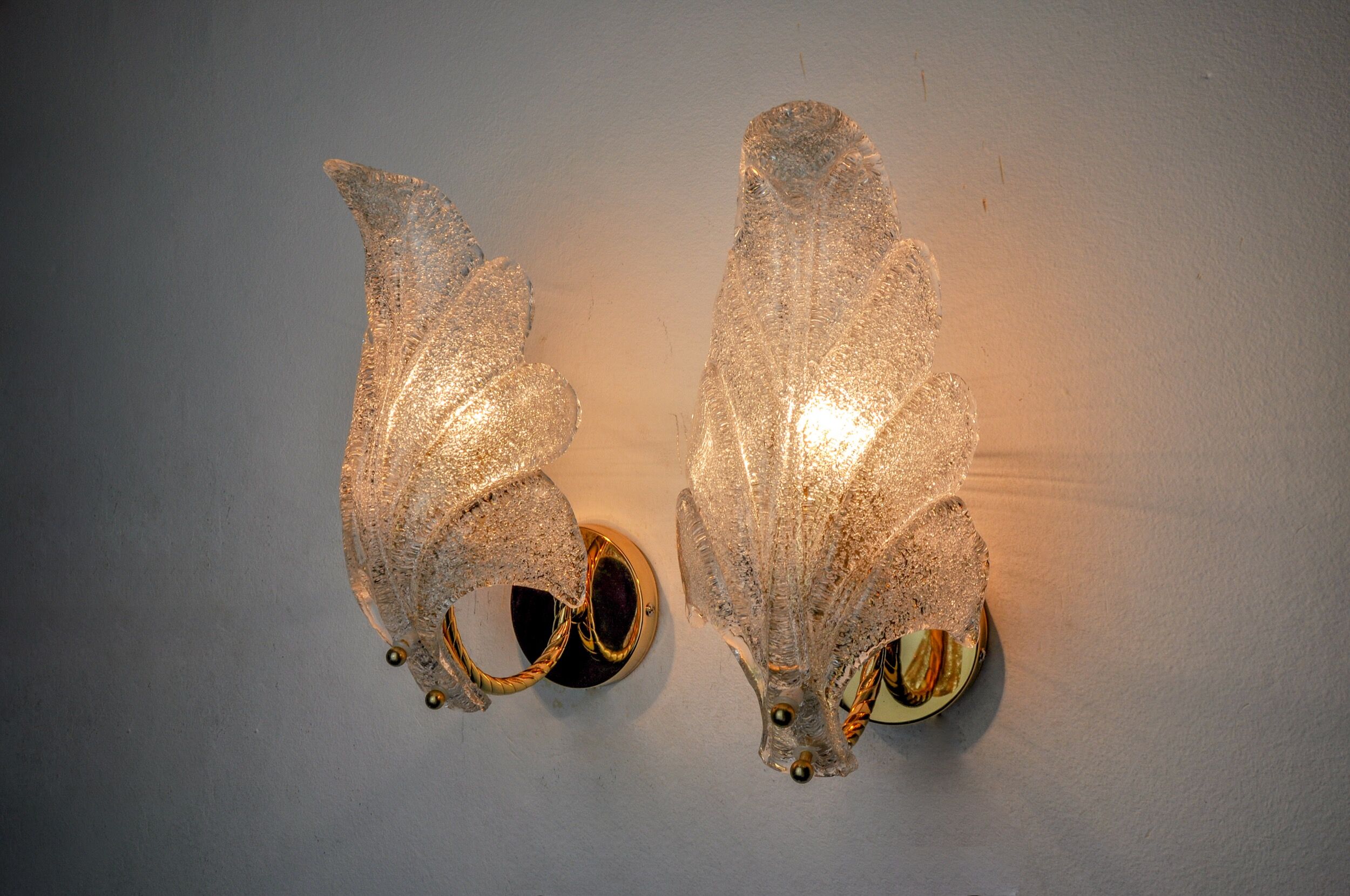 Pair of frosted leaf sconces, murano glass, italy, 1970