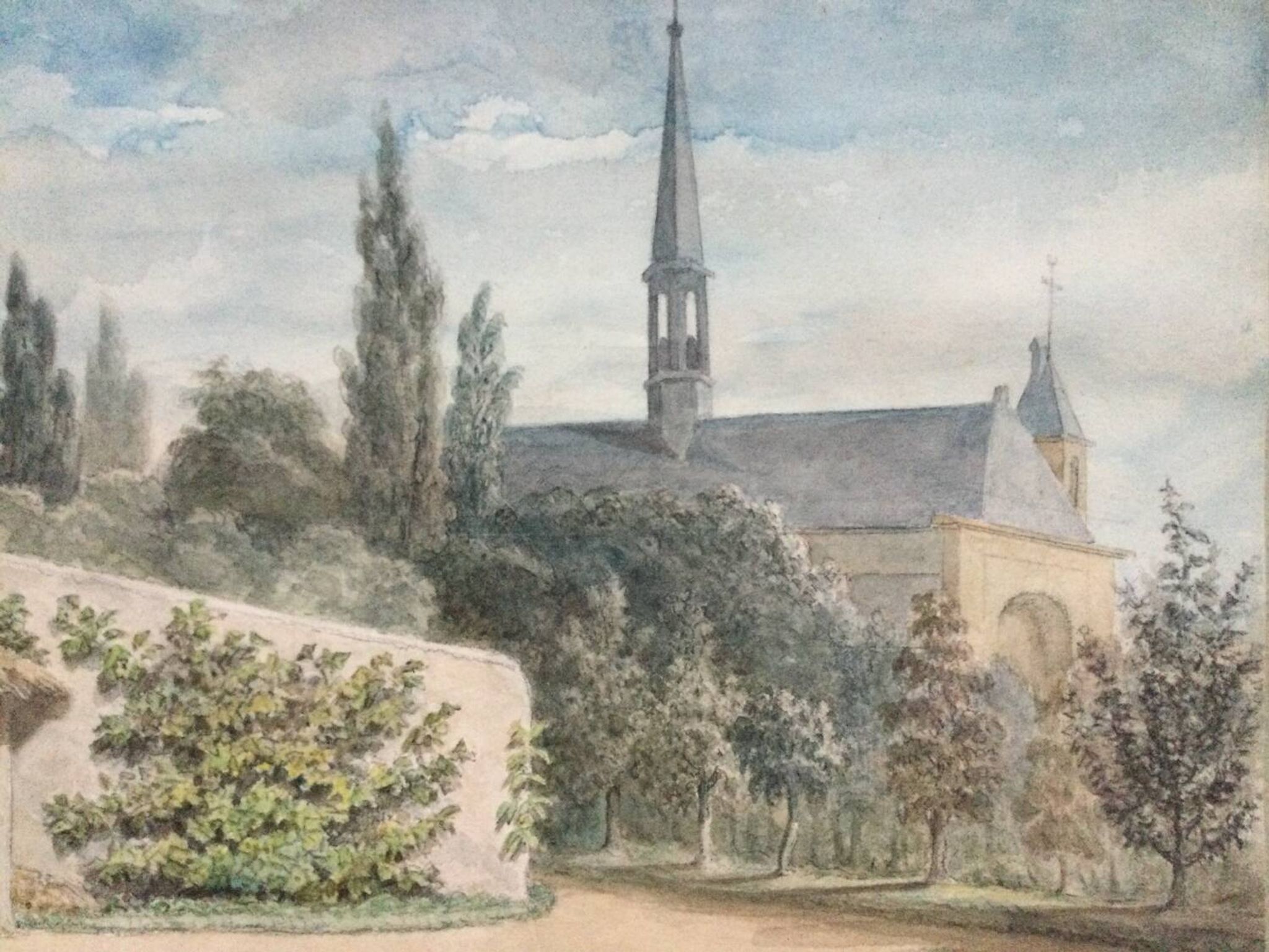 Le jardin de l’abbaye.Aquarelle XIXe monogrammée