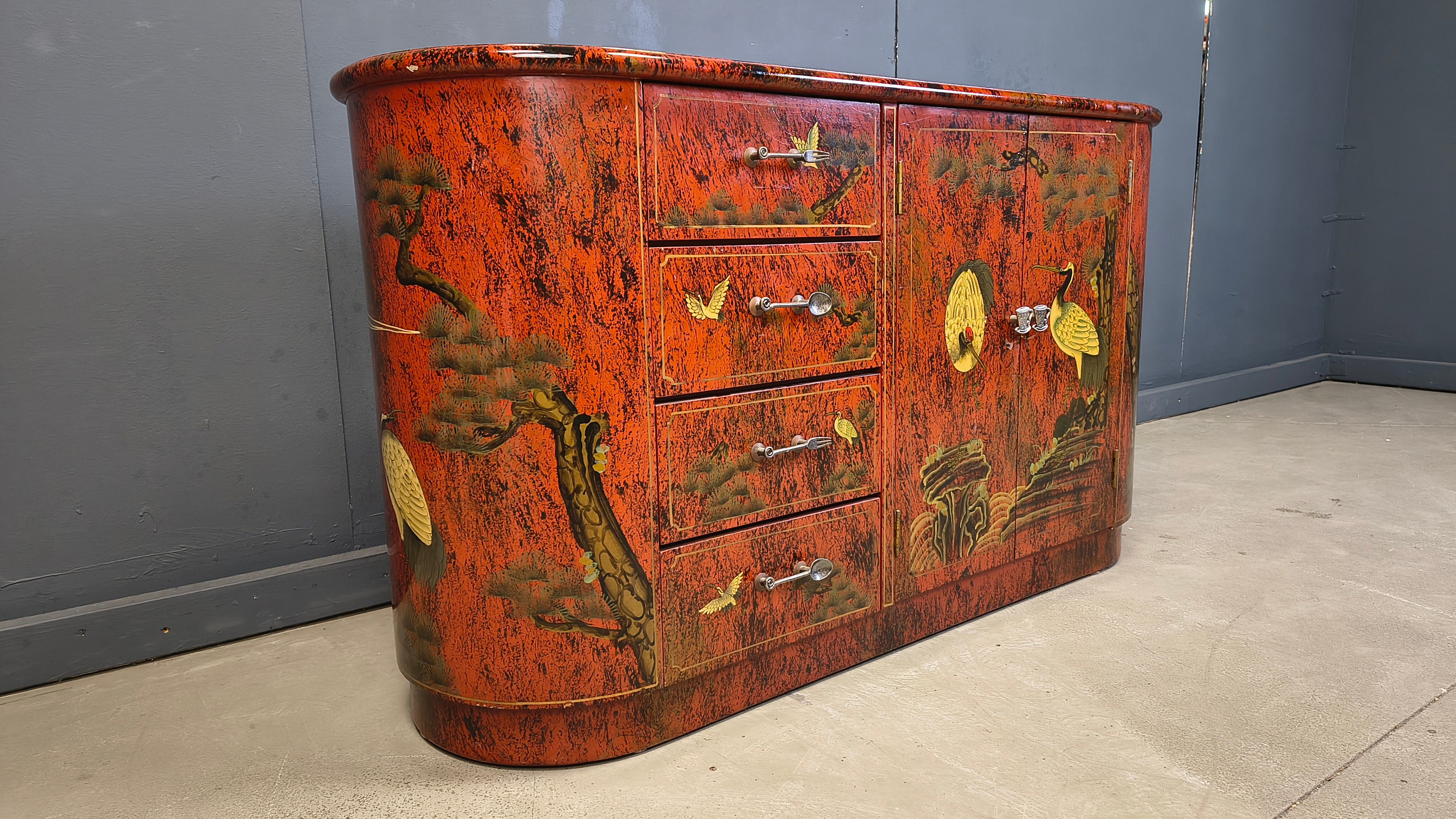 Vintage red chinoiserie cabinet, 1970s