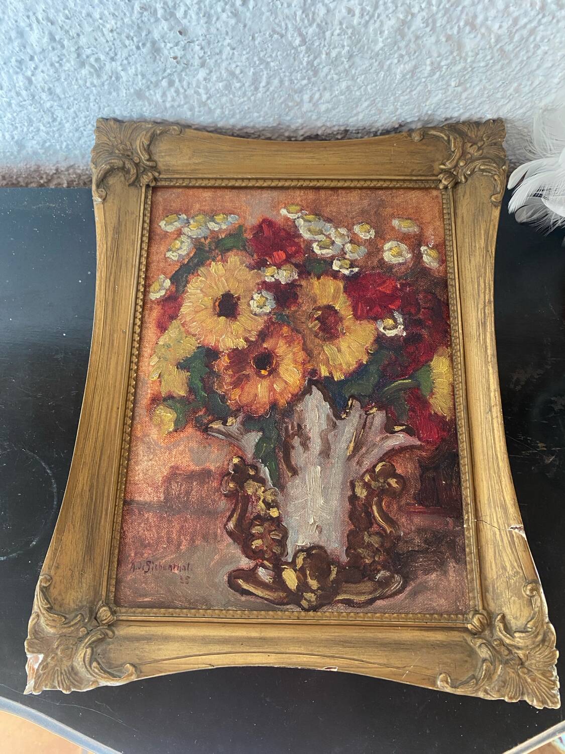 Huile sur panneau ancienne encadrée bouquet de fleurs