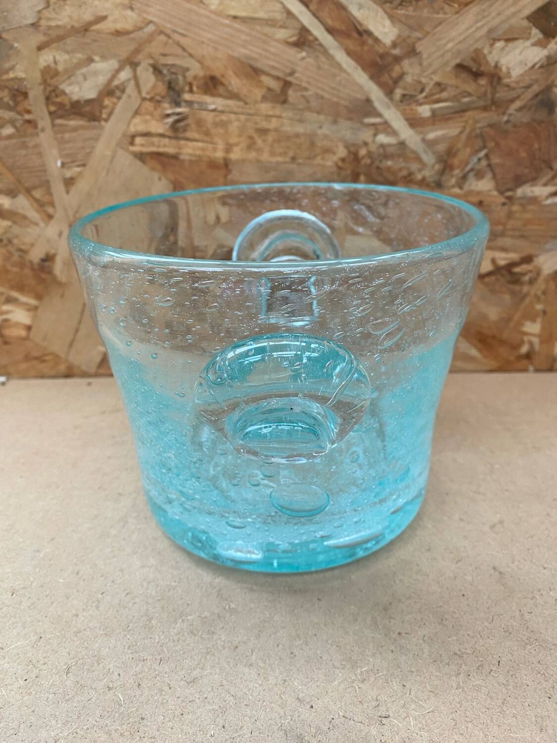 Antique BIOT Style Ice Bucket Blue Bubble Blown Glass Vintage #B620