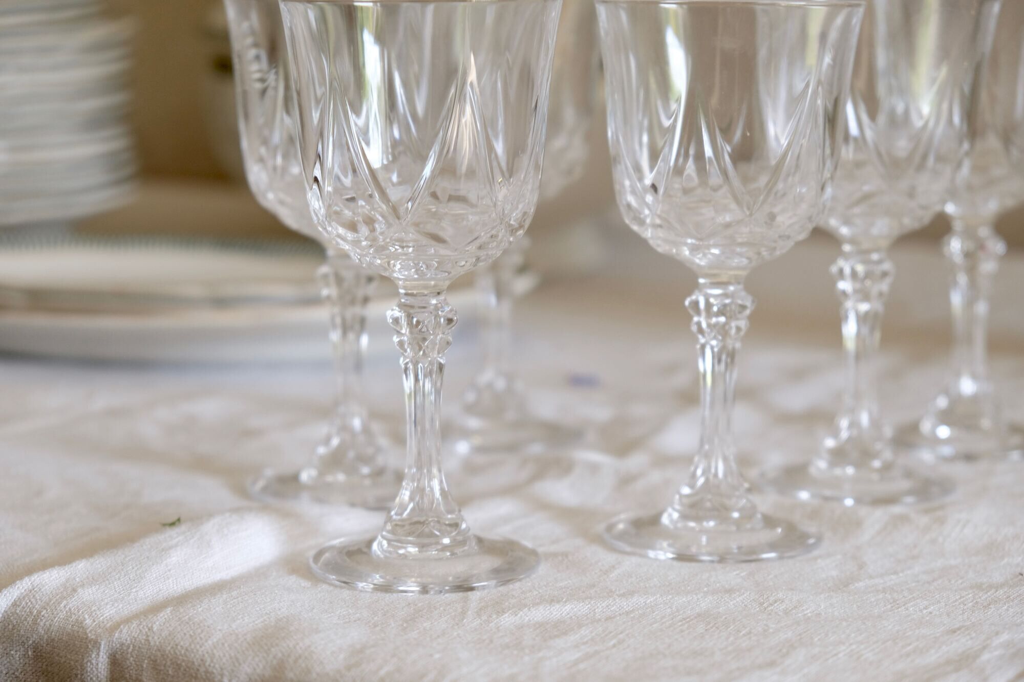 Set of 6 mid-century French crystal wine glasses