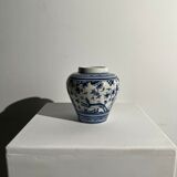 Blue and white Portuguese handmade vase with stylized pastoral pattern H:12,5cm
