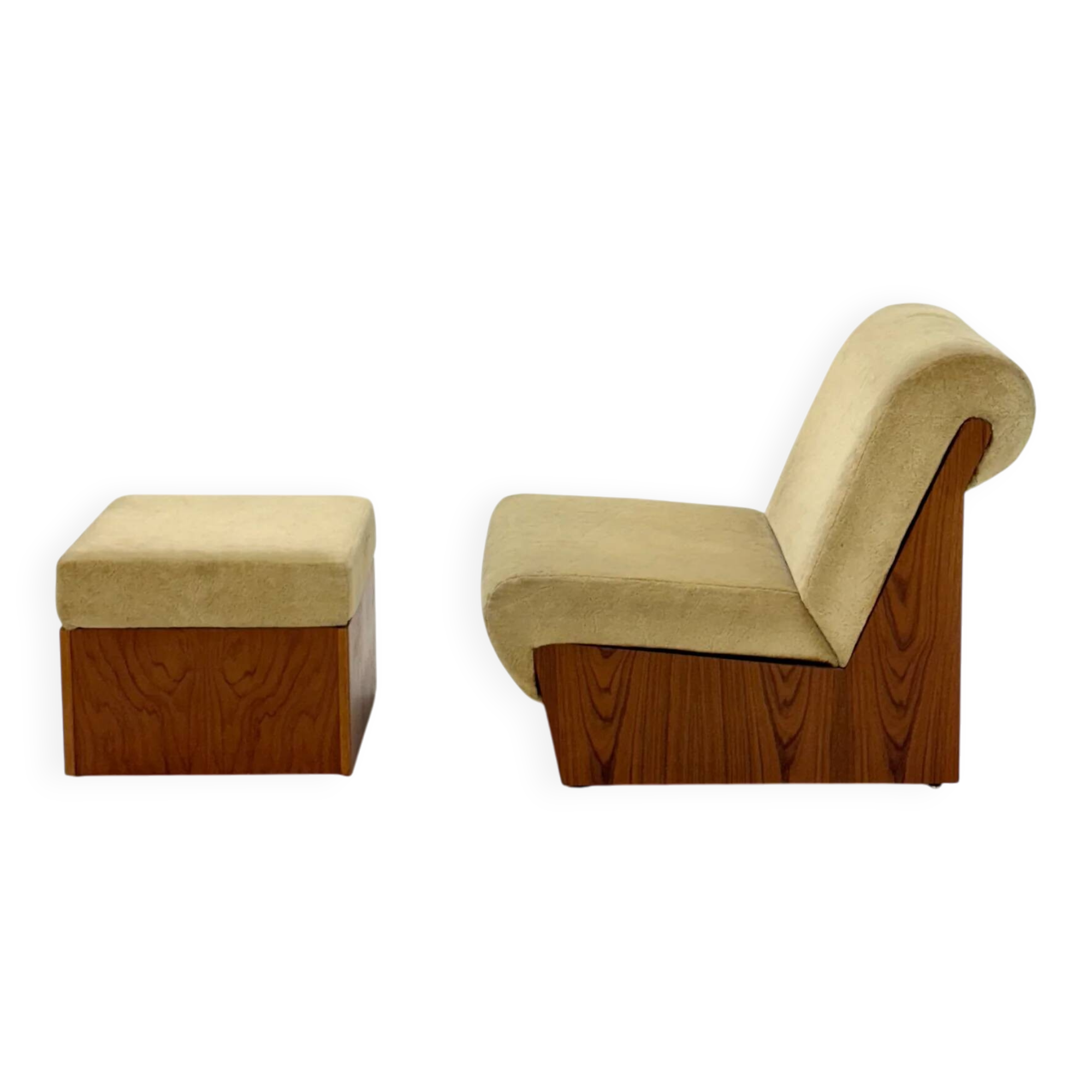 Vintage mid-century beige armchair with wooden frame and ottoman