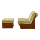 Vintage mid-century beige armchair with wooden frame and ottoman