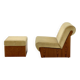 Vintage mid-century beige armchair with wooden frame and ottoman