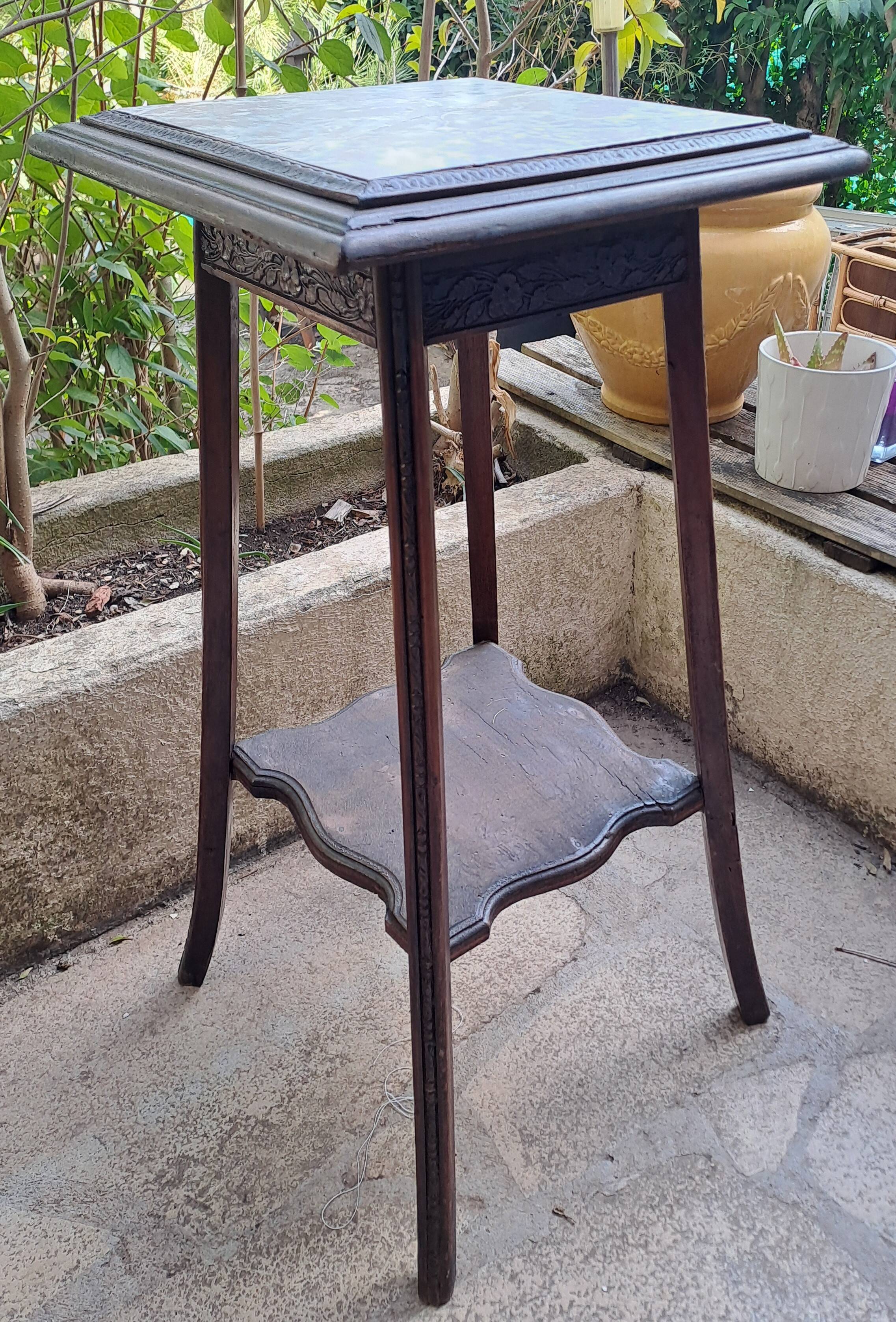 High art nouveau pedestal table brown wood varnished marble france 20's retro vintage decoration