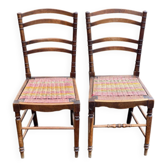 Two 19th-century carved chairs in solid wood and woven rope