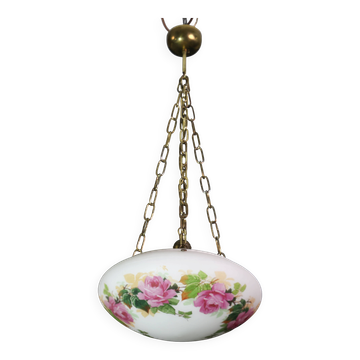 Chandelier en verre vintage avec décorations florales, style Gallè, 1960