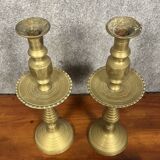 ORIENT XIX: Pair of large cup candlesticks in chiseled and gilded brass