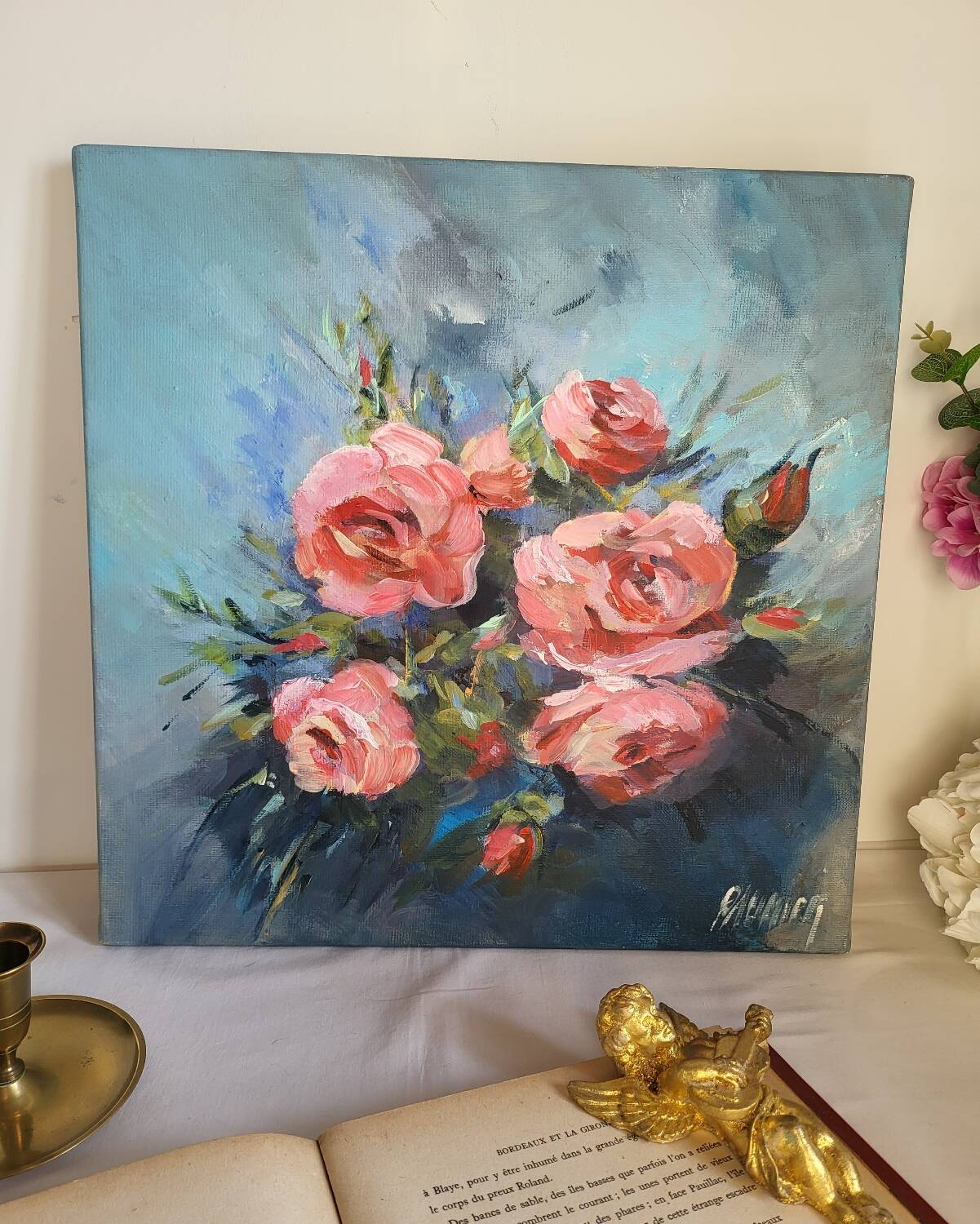 Oil on canvas painting of a bouquet of roses signed Paumier.