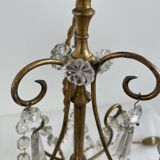 Pair of lamps, 3-light candlesticks, shabby chic, glass tassels, pendants, pleated fabric lampshade