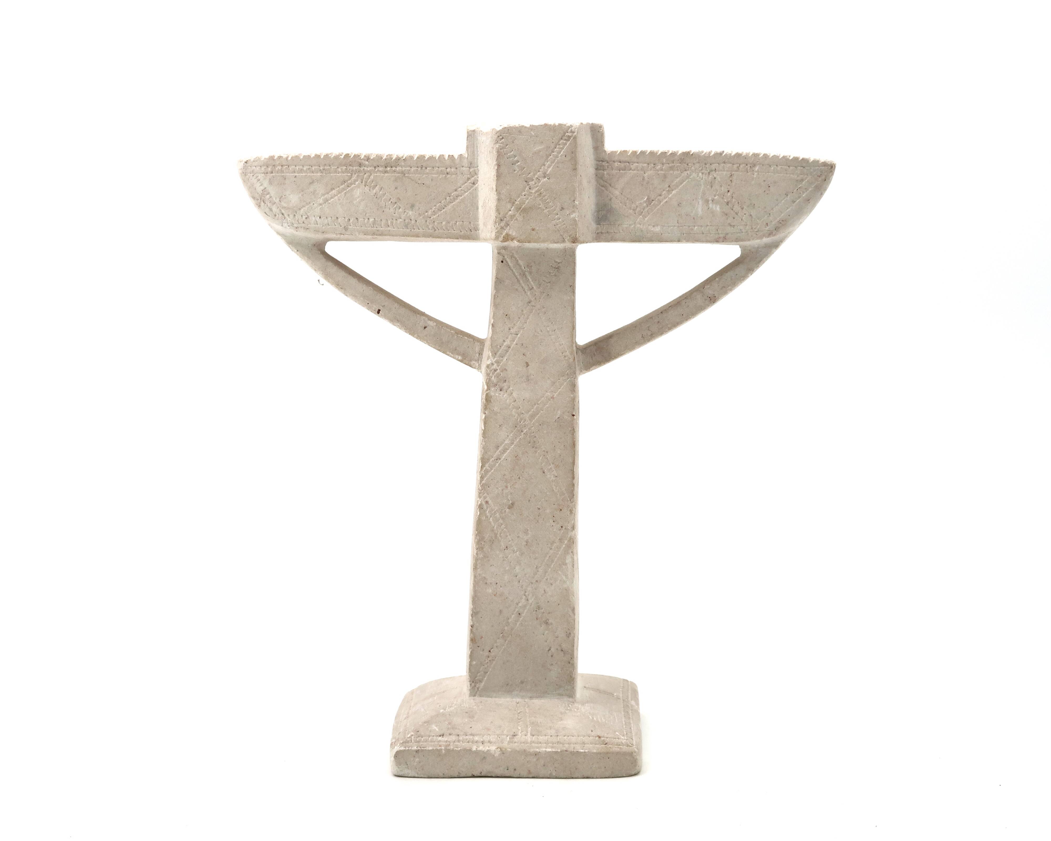 Moroccan candle holder in carved white beige stone, 1970s.
