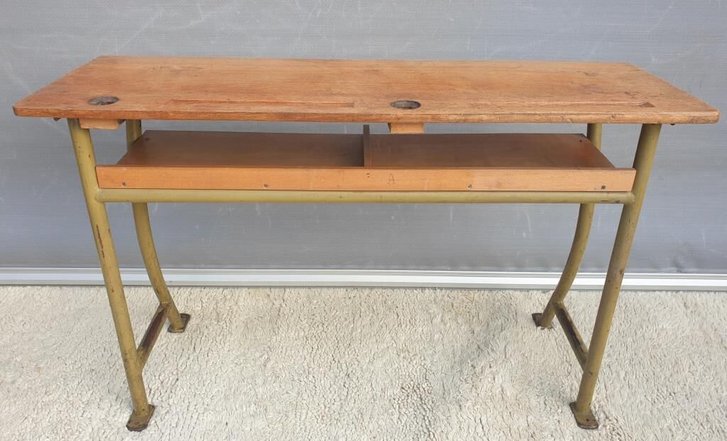 Console desk wood metal vintage curved metal base