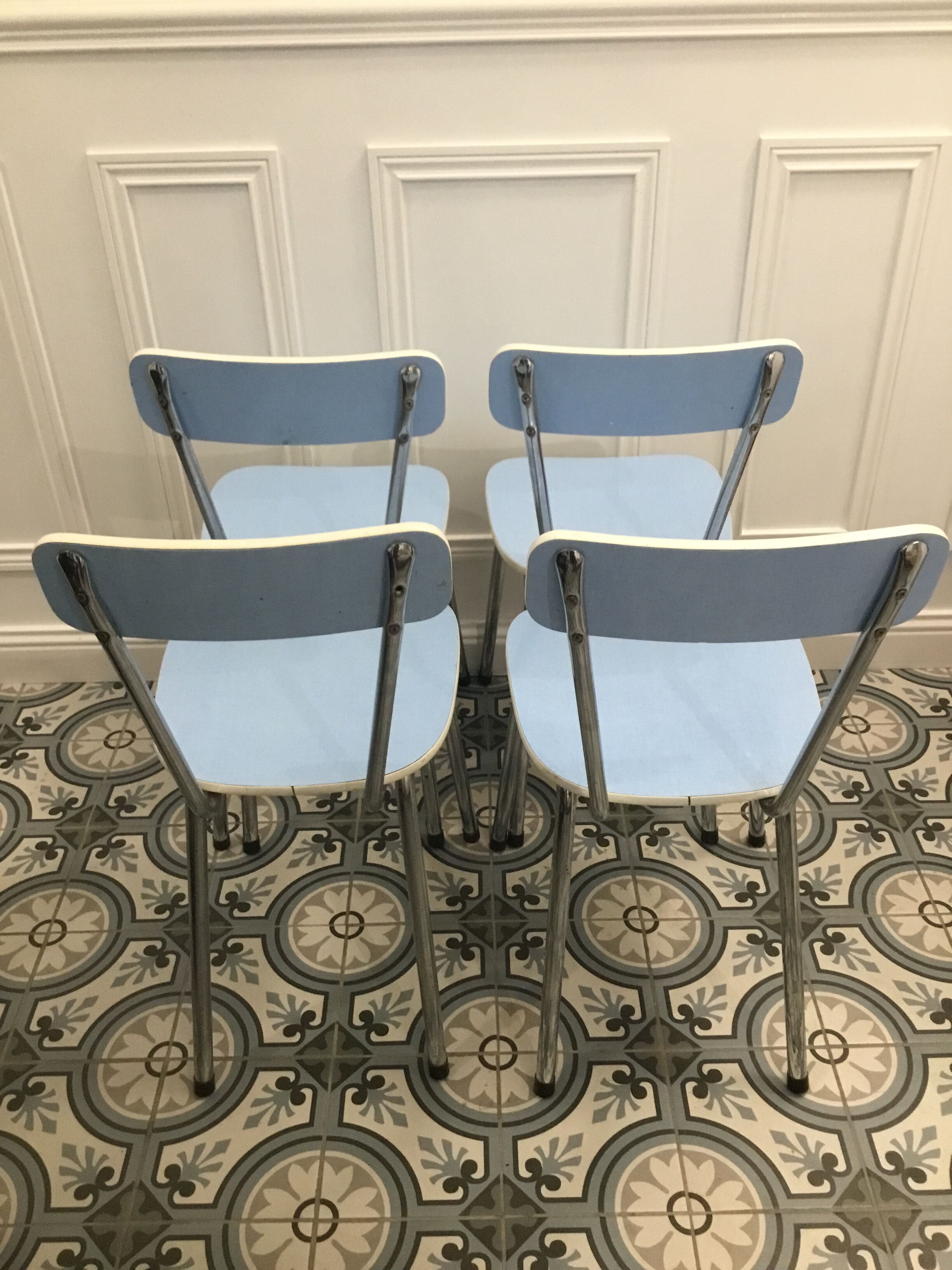 A set of Four vintage chairs in blue Formica and chrome legs 1960s