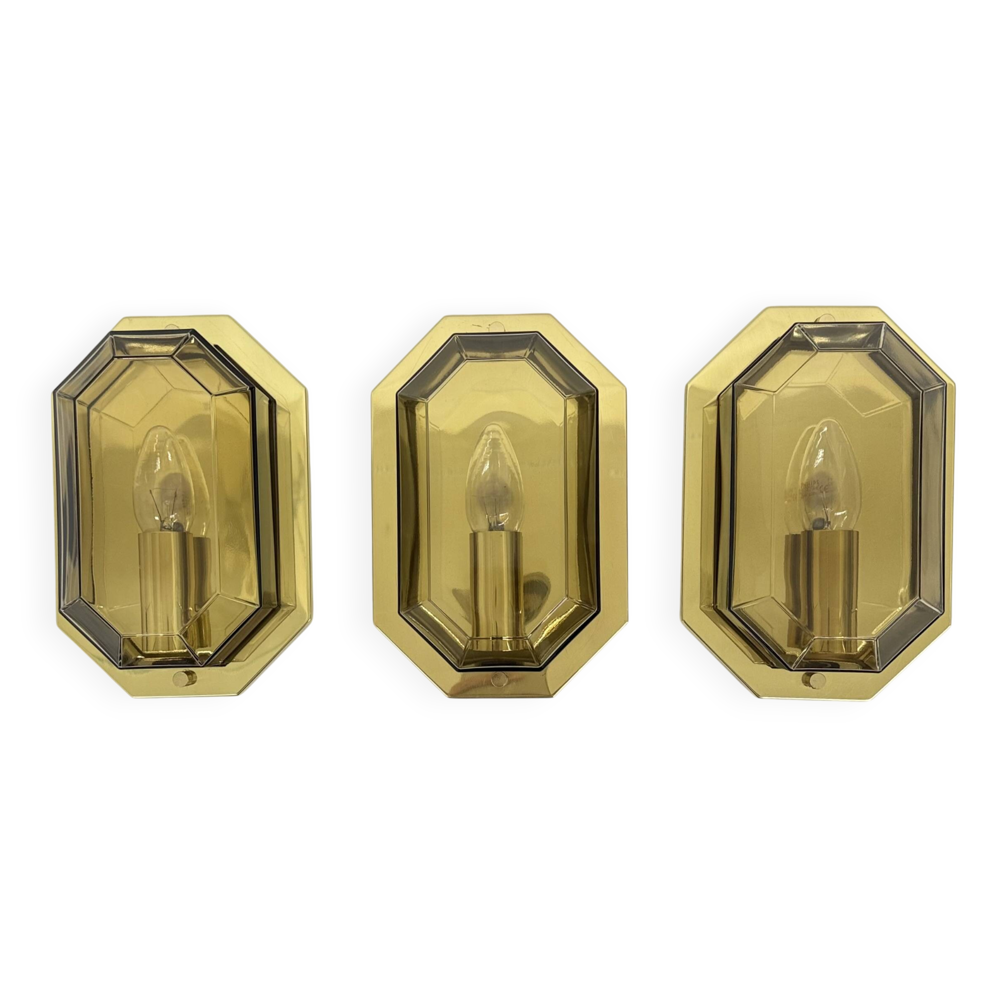 Set of 3 Limburg Glashütte smoked glass and brass wall lamps sconce , 1970s