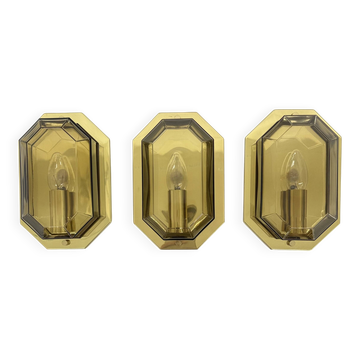 Set of 3 Limburg Glashütte smoked glass and brass wall lamps sconce , 1970s