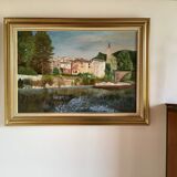 Tableau ancien paysage au bord de l’eau, signé XX siècle