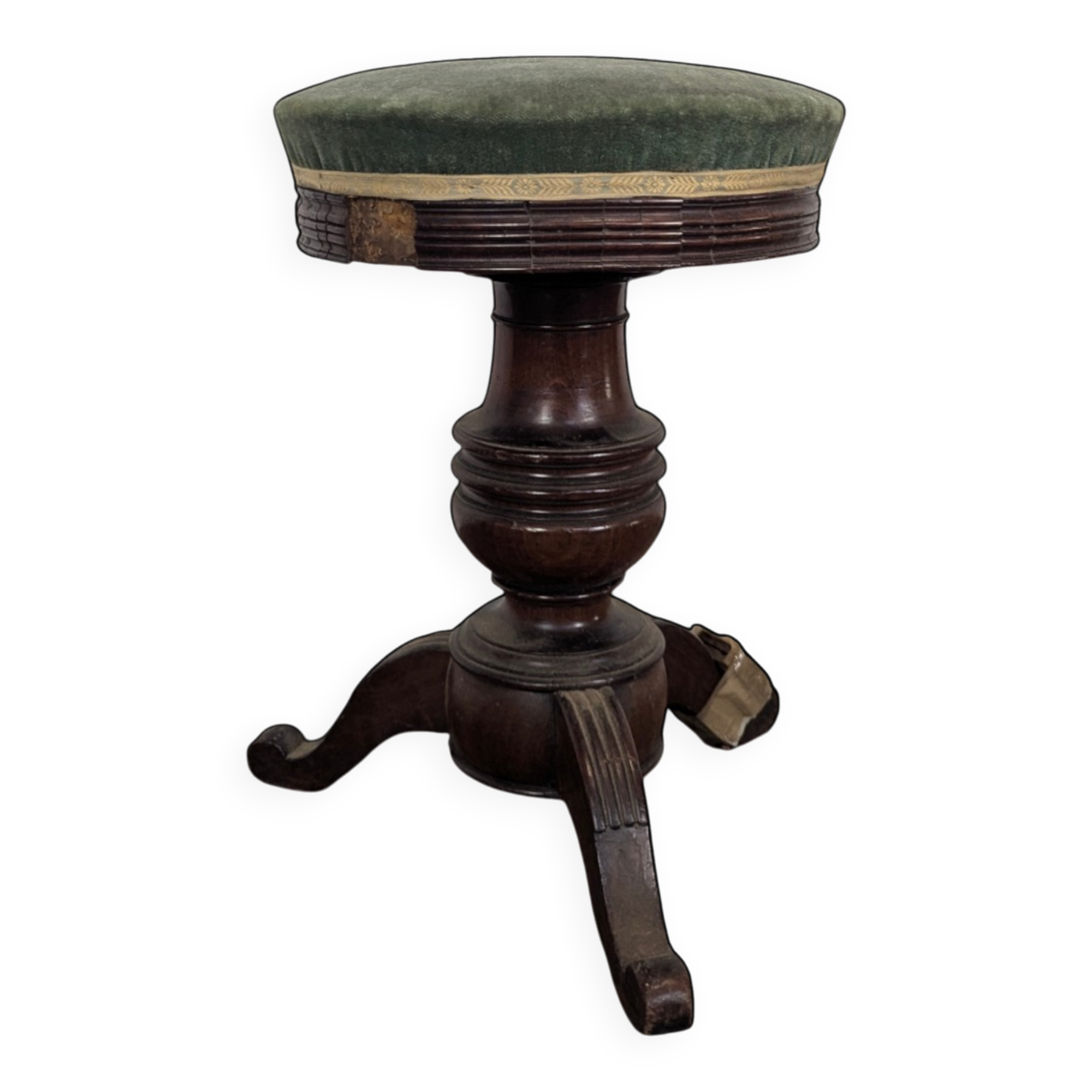 Green velvet piano stool with a turned leg.