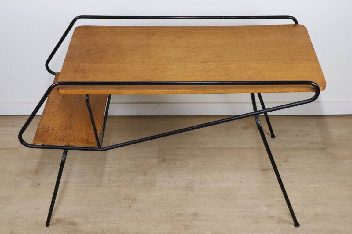 Vintage side coffee table in black lacquered metal and oak, 1950