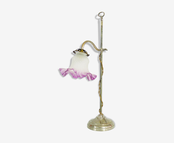 Lampe de bureau art déco à coulisse en métal chromé et tulipe en verre  rose. Année 20 | Selency