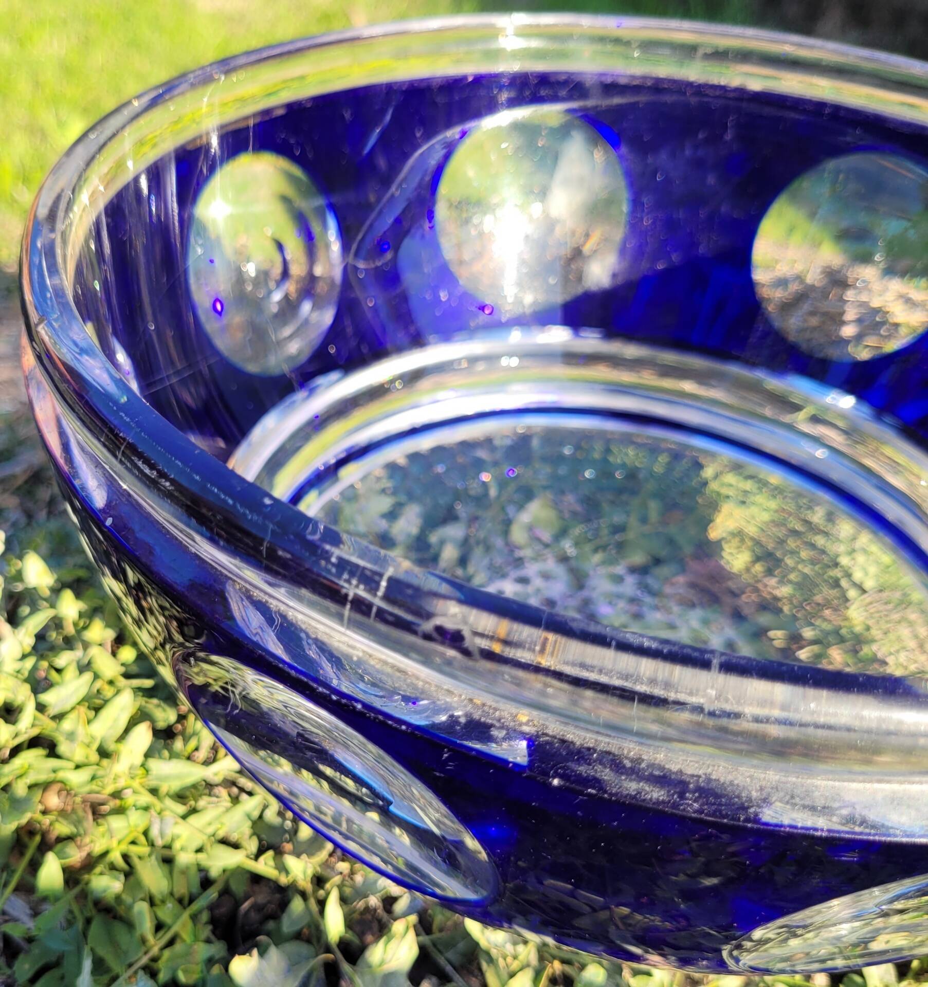 cobalt blue glass bowl with round lenses