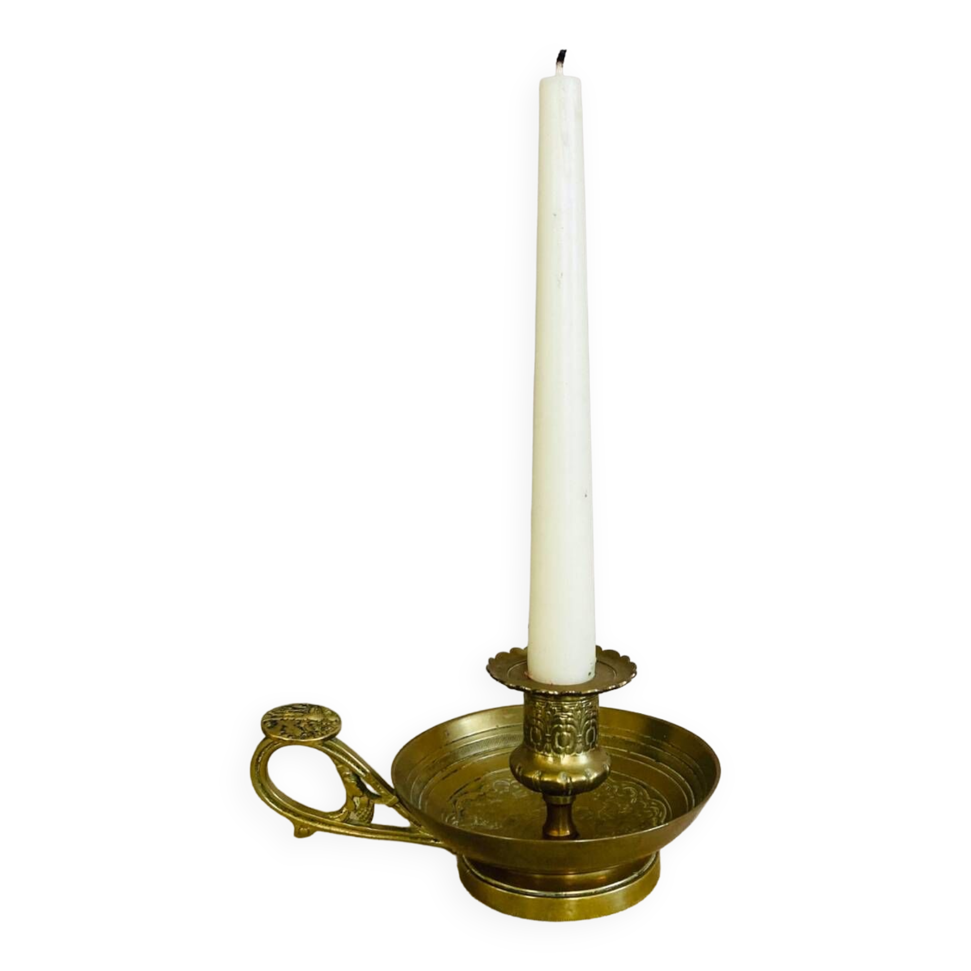 20th century chiseled brass socket candle holder representing Horsemen in armor
