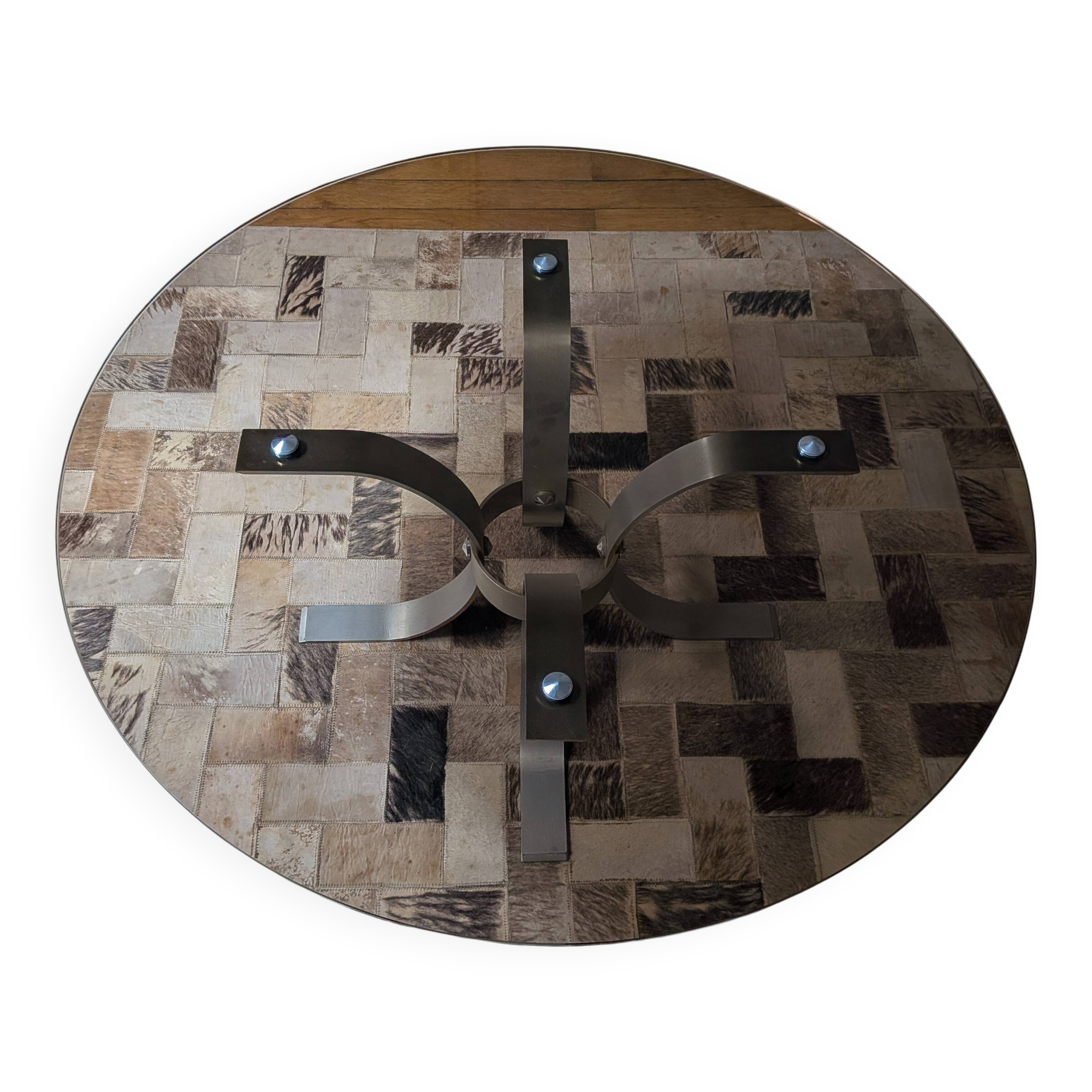 Vintage 70s round coffee table – Smoked glass top & brushed aluminium base