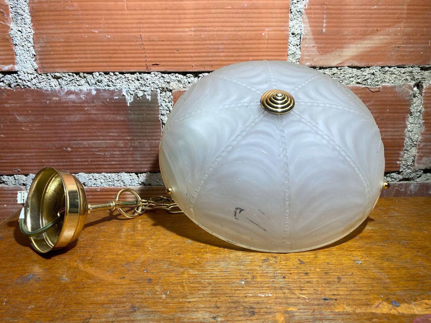 Antique Pendant Light Dome Molded Glass + Vintage Gold Metal
