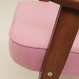 Mid-century modern armchair, oak wood, natural wool.